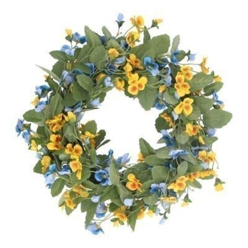 Spring wreath with blue and yellow viola floral detail. A lovely addition to your home for Spring and the perfect gift for Mothers day. By Gisela Graham.